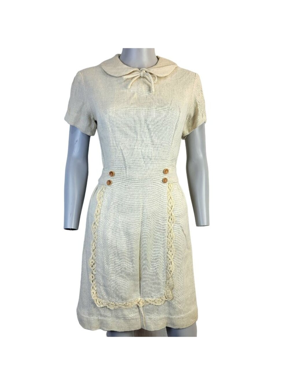 Vintage 60s Linen Mini Sheath Dress Women 8 Collar Short Sleeves Formal Spring M